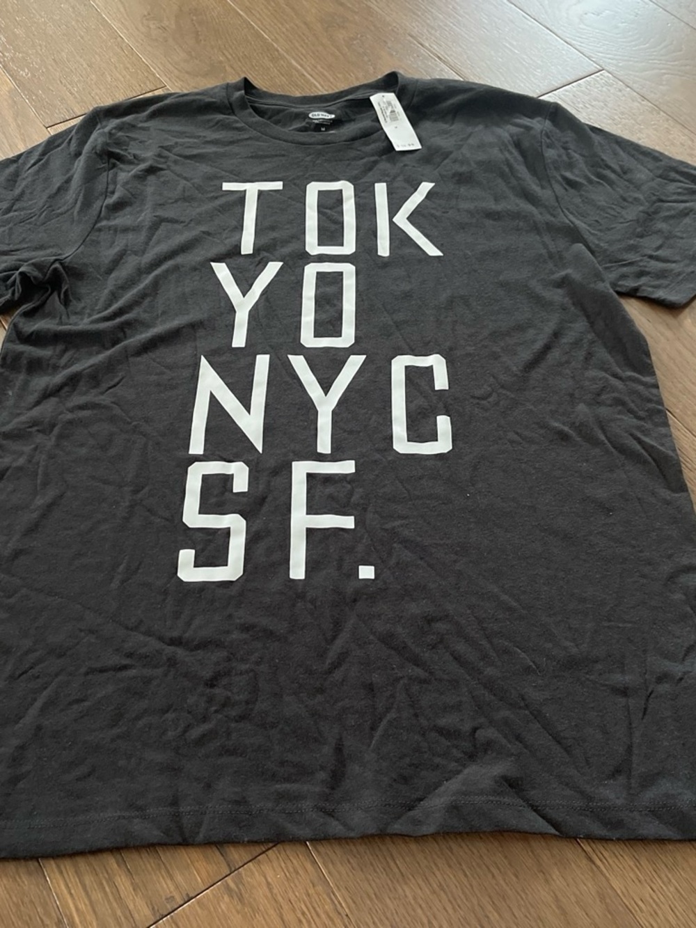 Old Navy Black Tee with White Vertical City Print